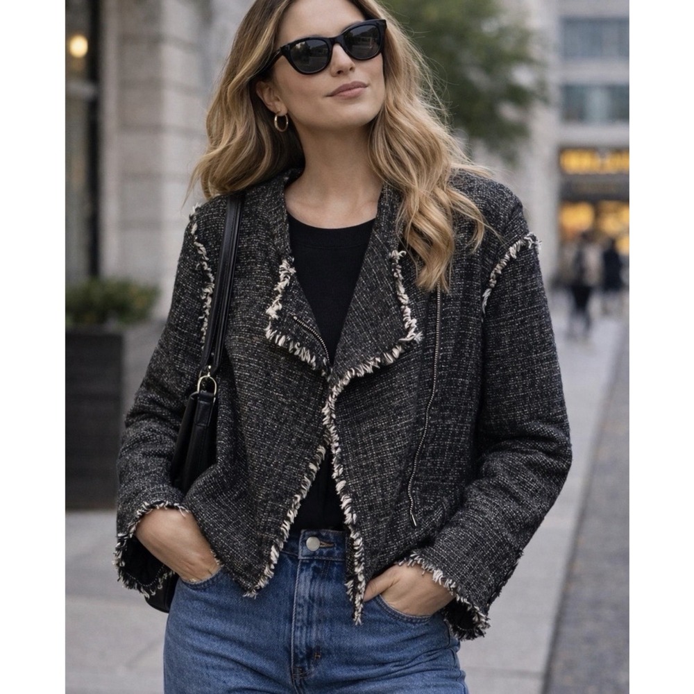 NWT Ann Taylor XXL Tweed Fringe Moto Lady Jacket Blazer Black Zip Career
